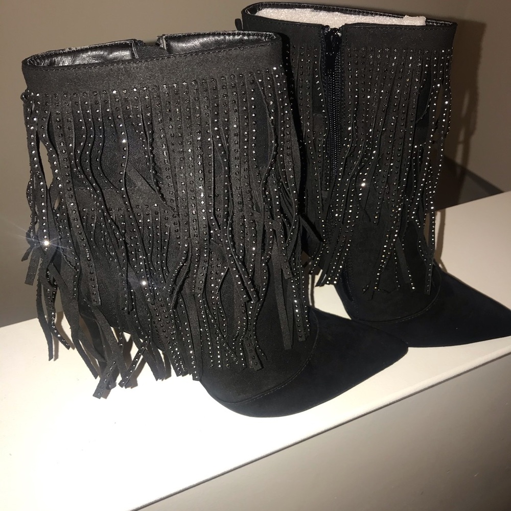 Azeala Wang Ankle Black Rhinestone Fringe Boots
